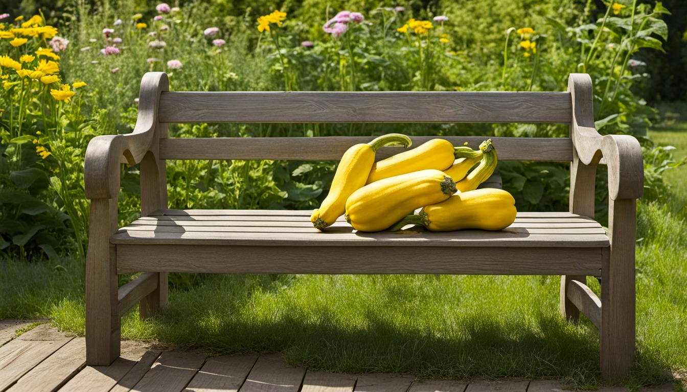 Generated illustration: yellow summer squash on a garden bench