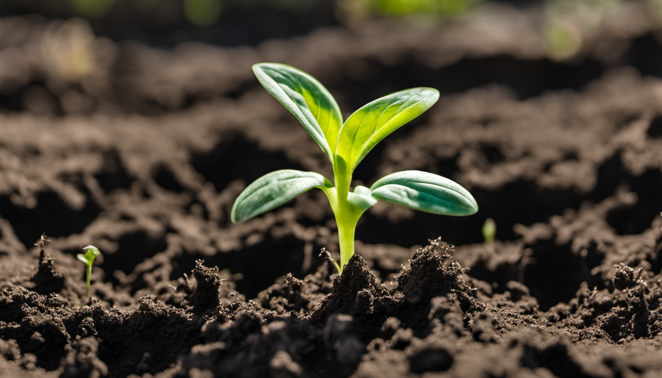Generated illustration: a young leafy seedling in garden soil