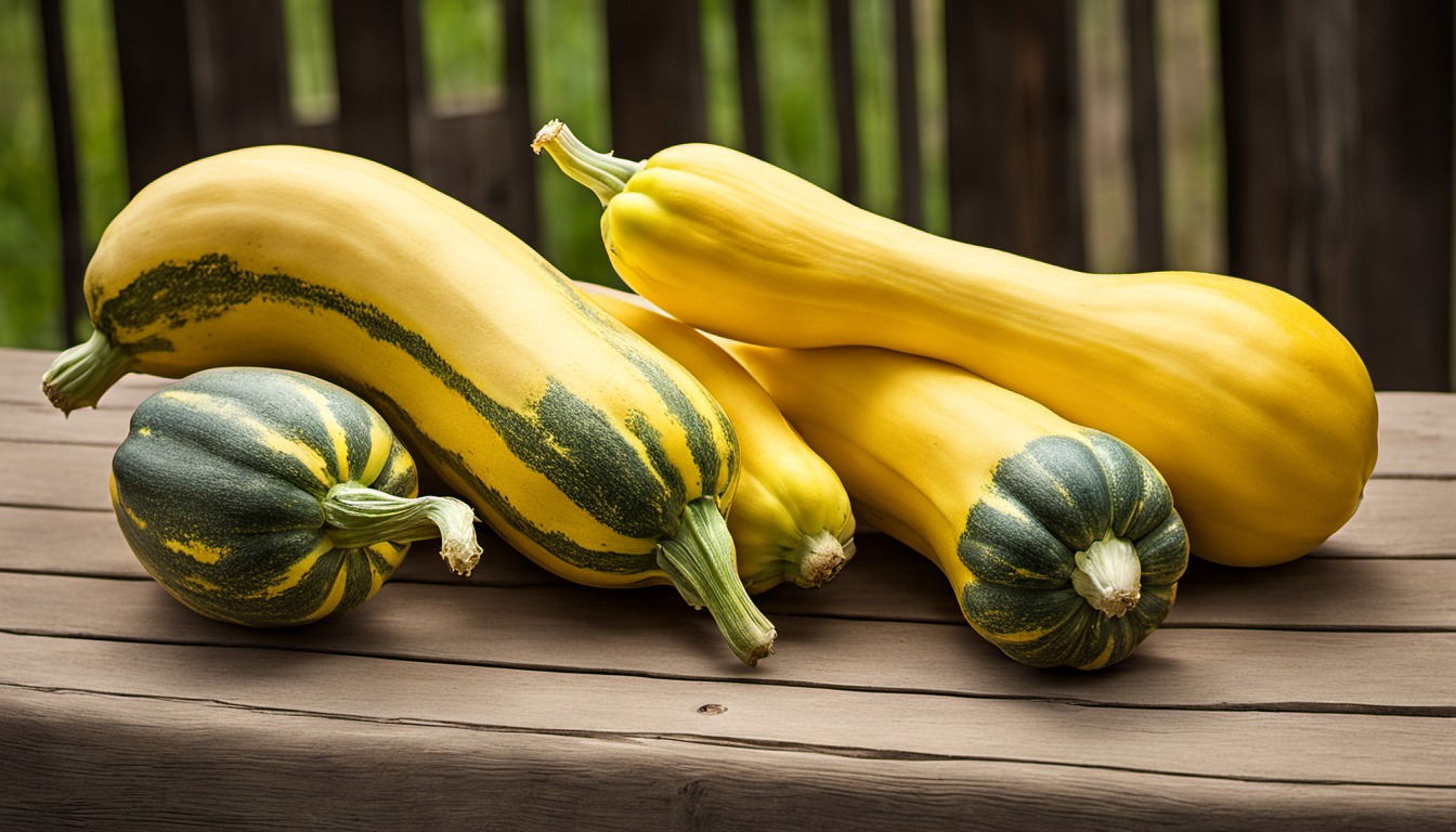 Generated illustration: harvested squash on a wooden bench