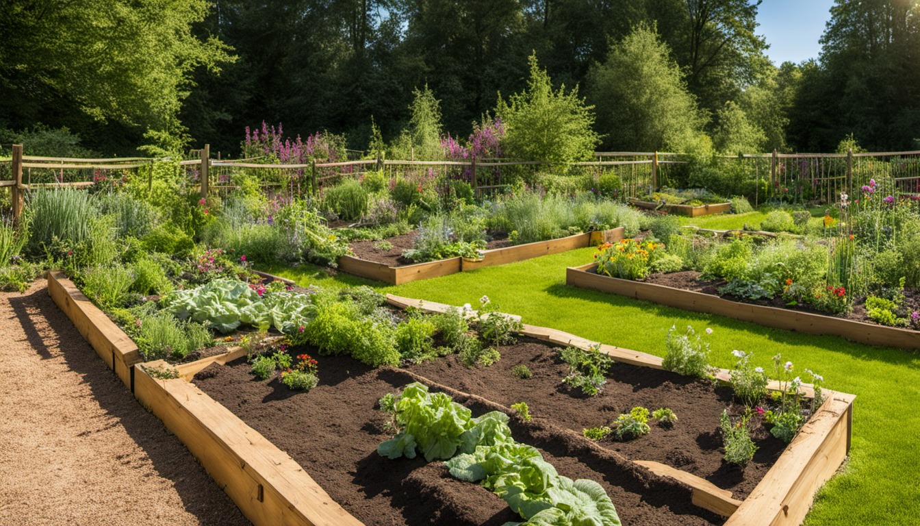 Generated illustration: vegetable beds in a sunny backyard