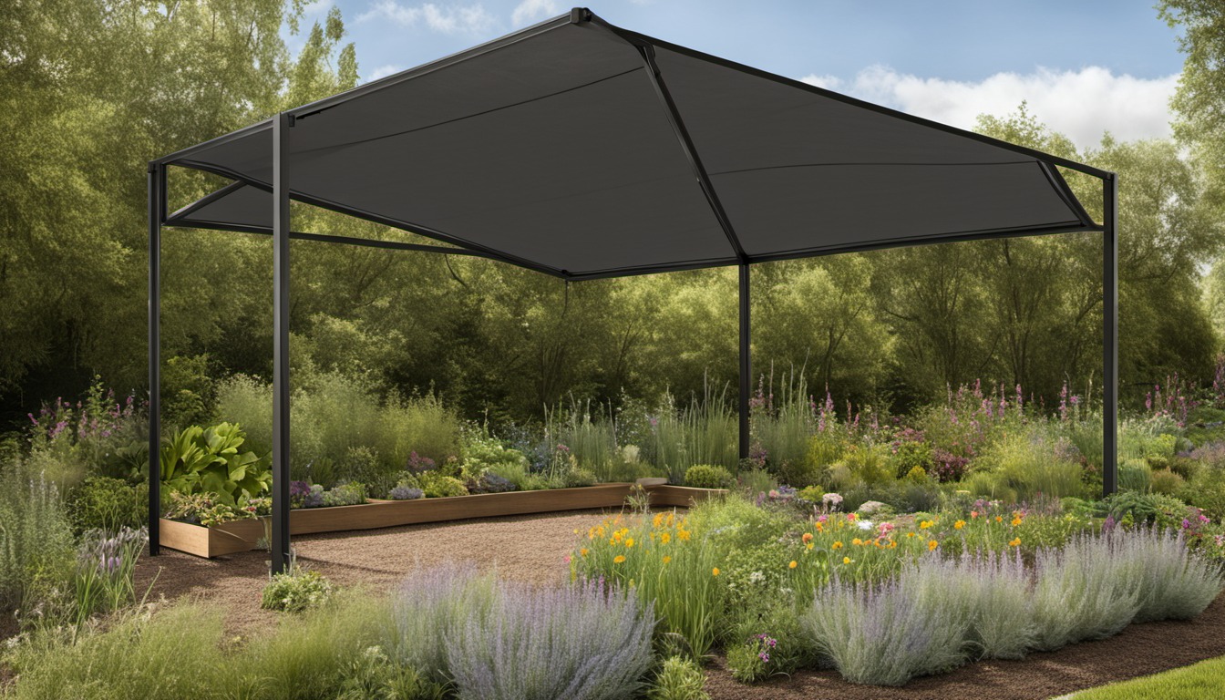 Generated illustration: a simple shade cloth canopy over a raised bed