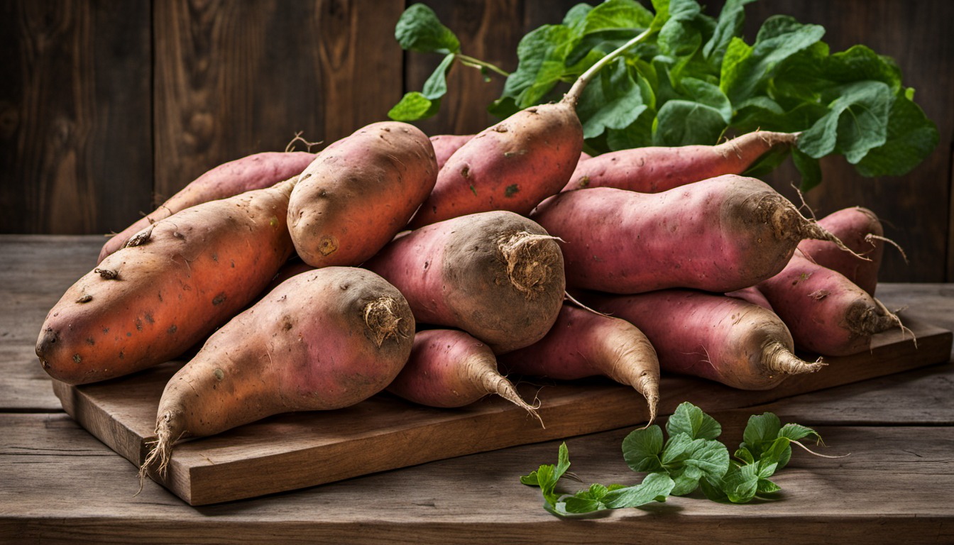 Generated illustration: sweet potatoes on a wooden table