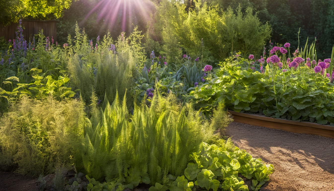 Generated illustration: leafy plants growing in a sunny garden bed