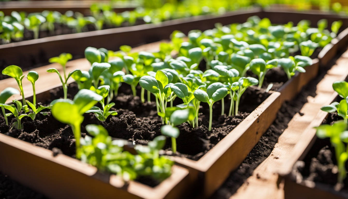 Generated illustration: young green seedlings in a raised garden bed