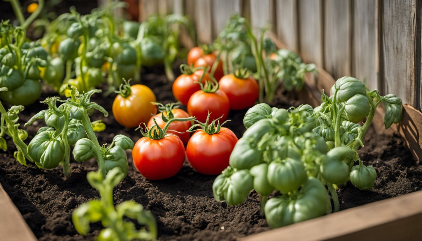 Generated illustration: tomato plants with fruit in a raised bed