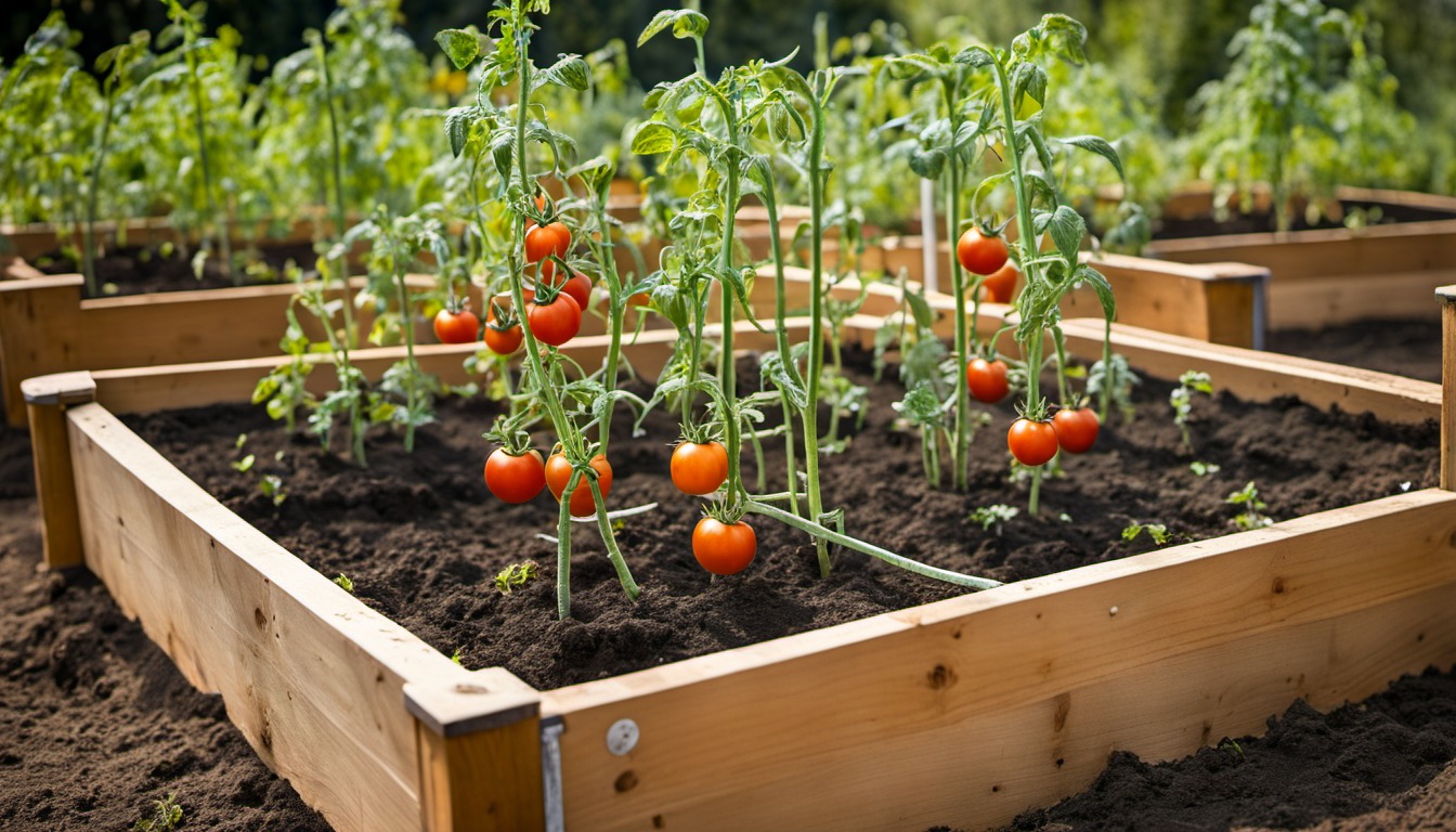 Generated illustration: a staked tomato plant growing in a raised bed