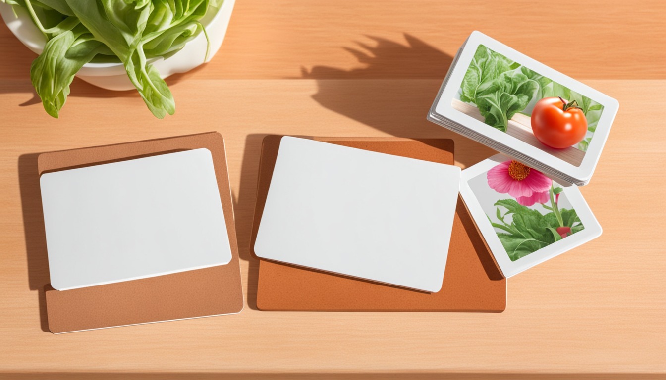 Blank garden planning cards with vegetable photo references and leafy greens