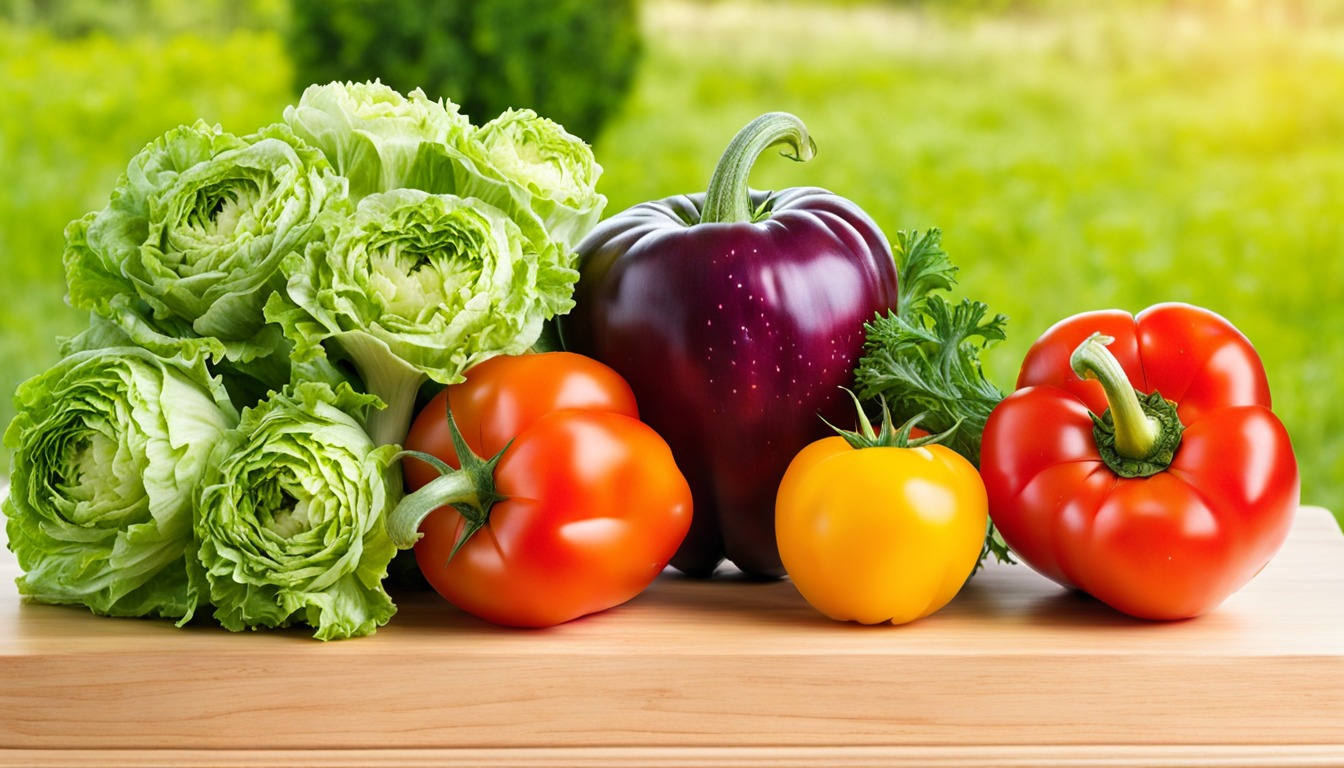 Lettuce heads and colorful peppers arranged for crop selection