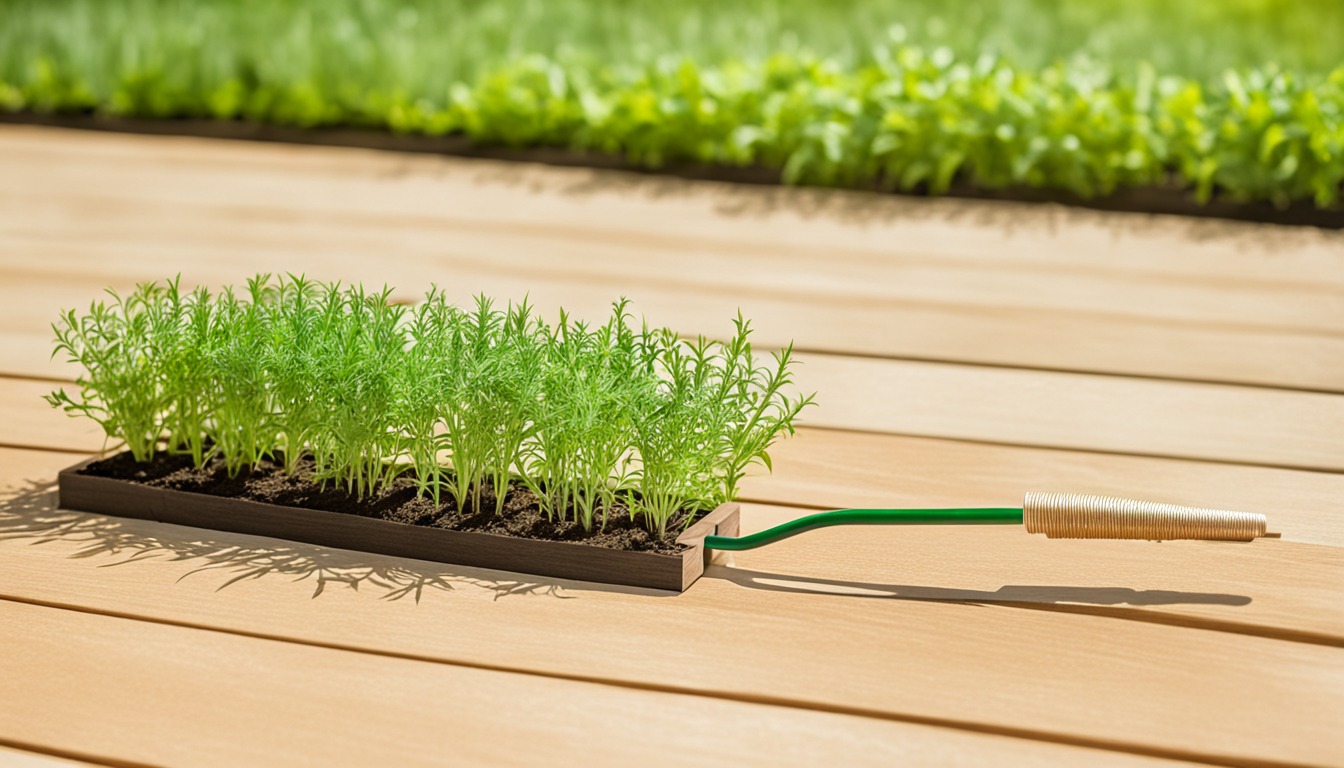 Young seedlings on a garden workbench beside raised beds