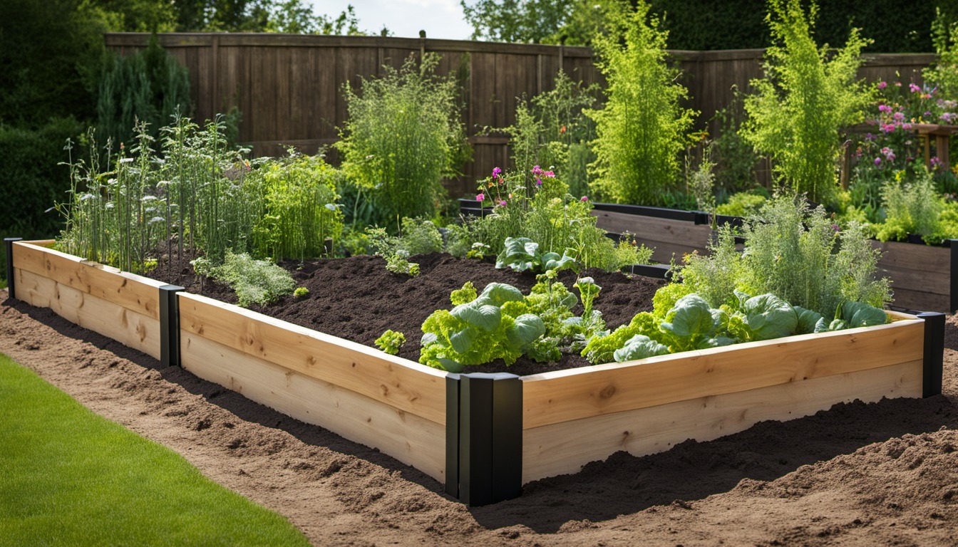 Generated illustration: raised vegetable bed with dark garden soil