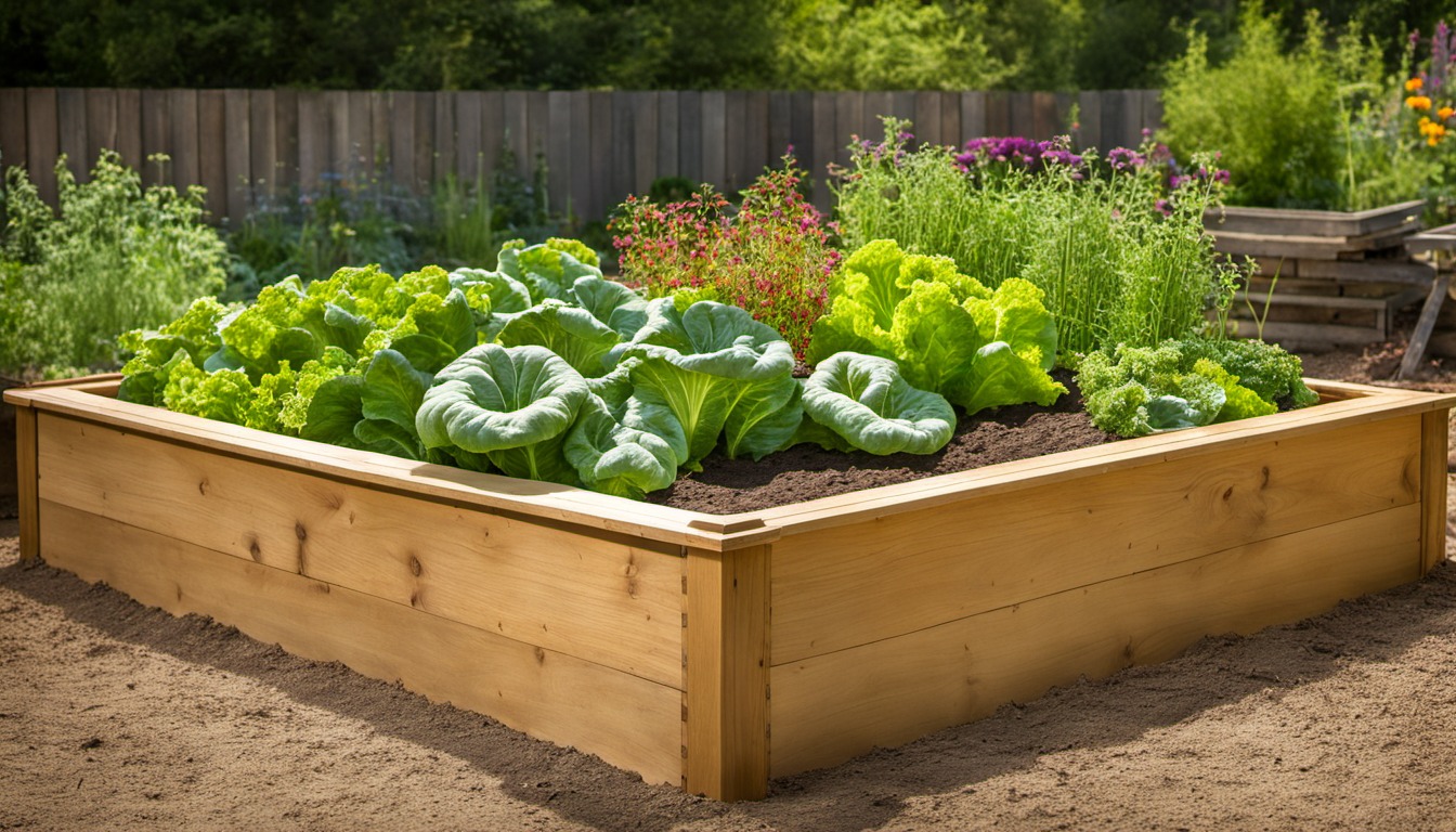 Generated illustration: leafy greens in a raised garden bed