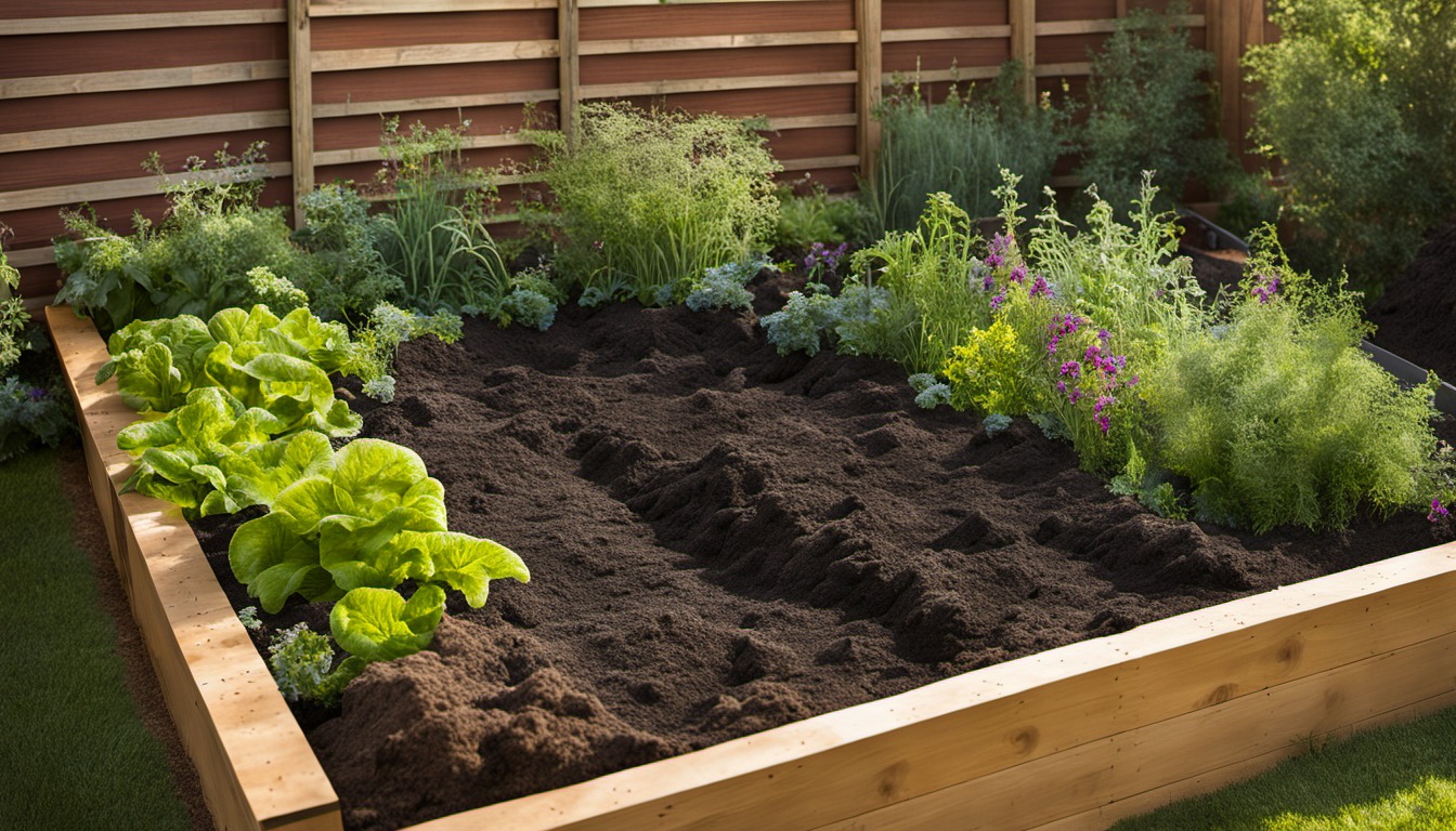 Generated illustration: raised garden bed with dark soil