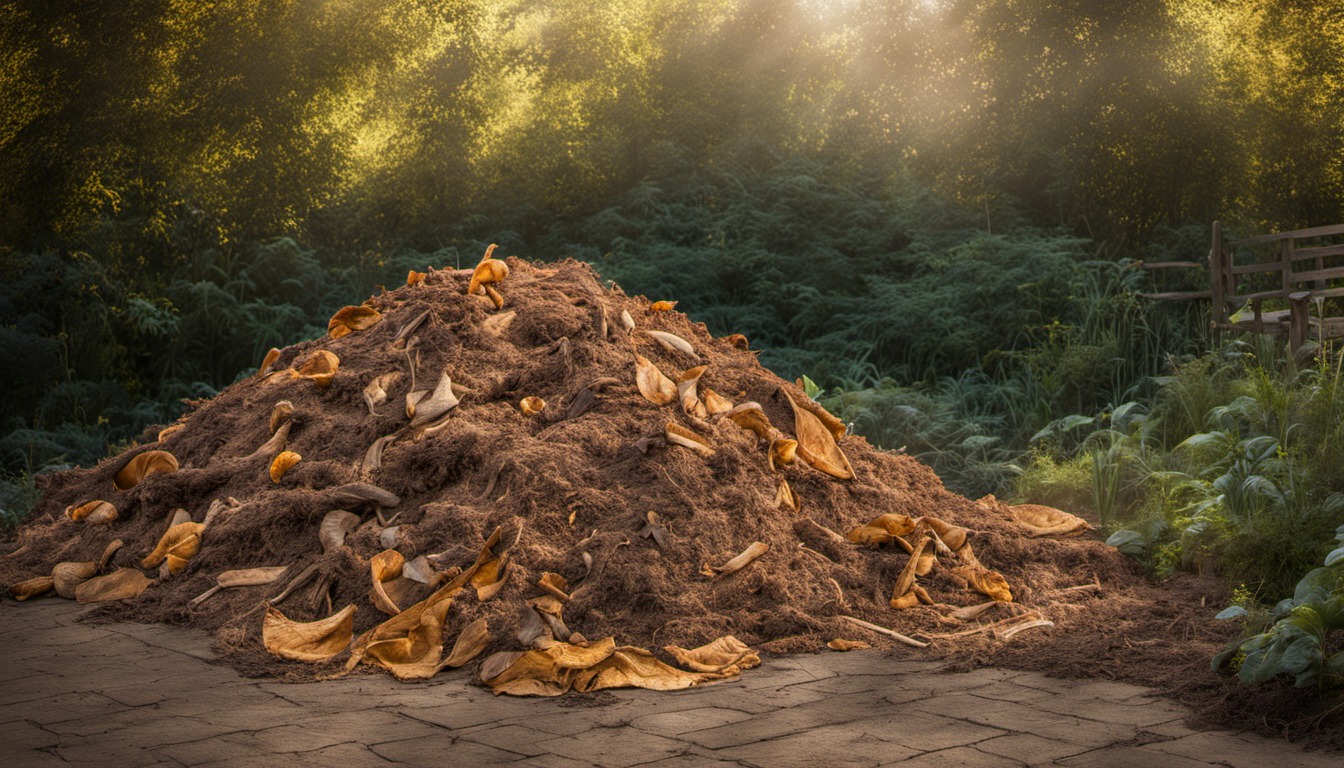 Generated illustration: a compost pile with dried leaves in a garden