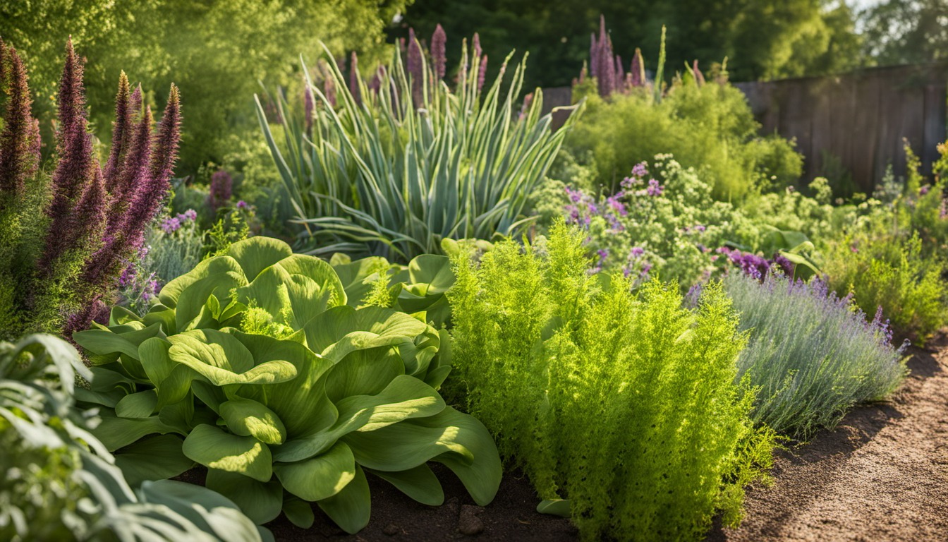 Generated illustration: leafy plants growing in a garden bed