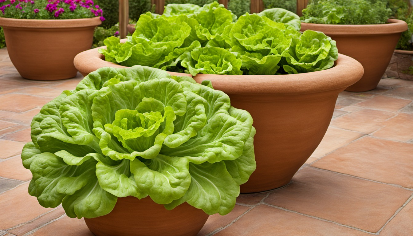 Generated illustration: leaf lettuce growing in a large terracotta pot on a patio