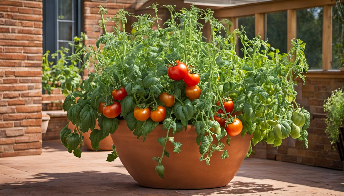 Generated illustration: a tomato plant growing in a large pot on a patio