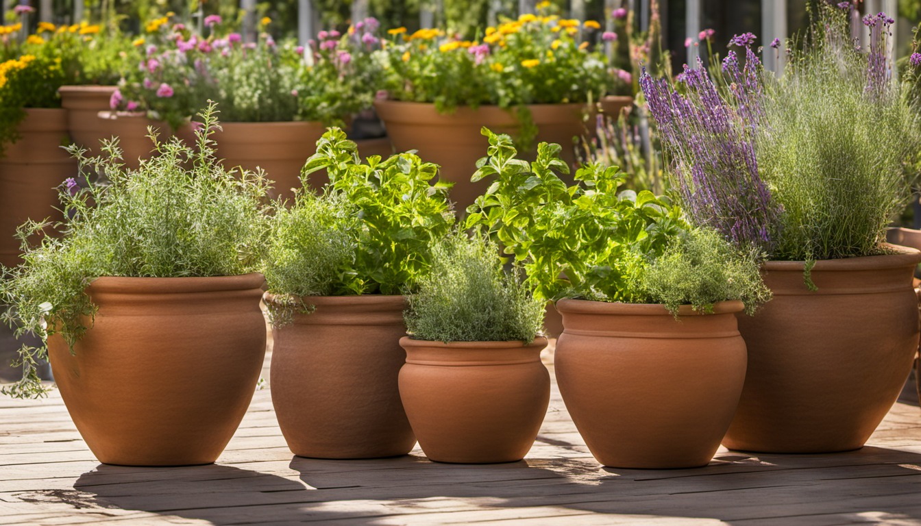 Generated illustration: several pots of leafy herbs on a sunny patio