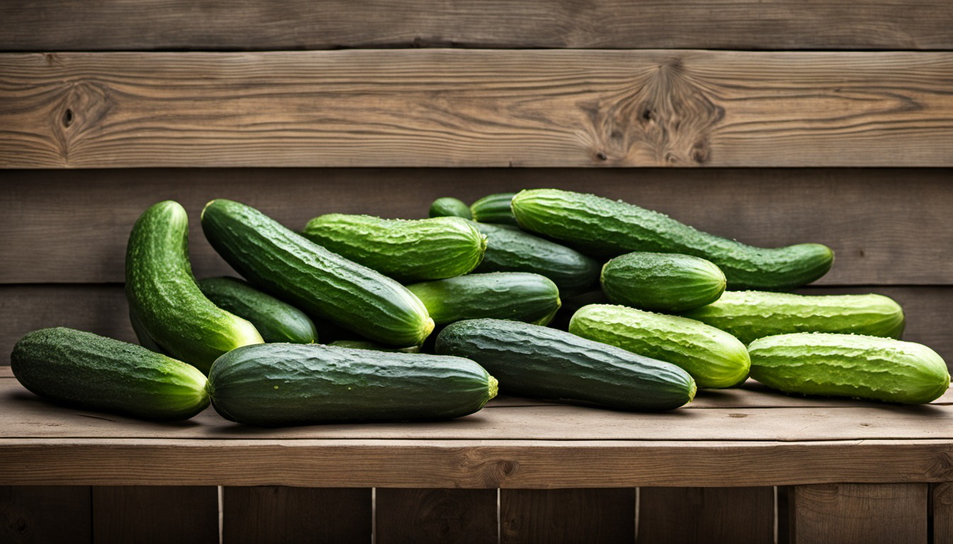 Generated illustration: fresh cucumbers on a wooden garden bench