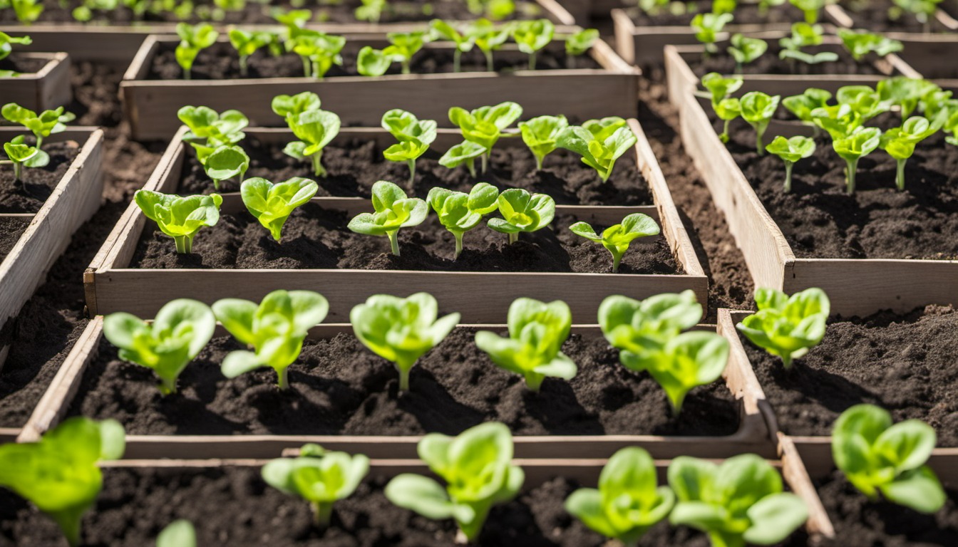 Generated illustration: young leafy seedlings in a raised bed