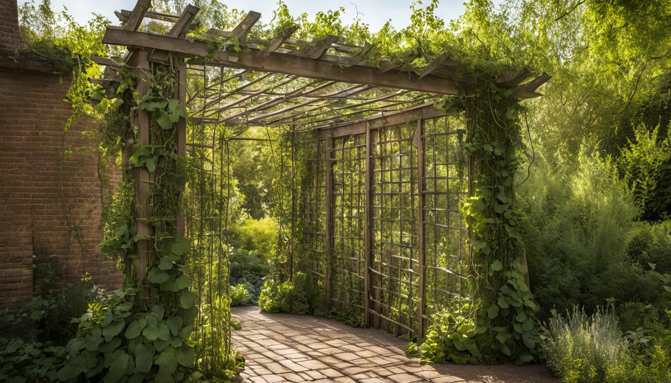 Generated illustration: a garden trellis covered in leafy vines