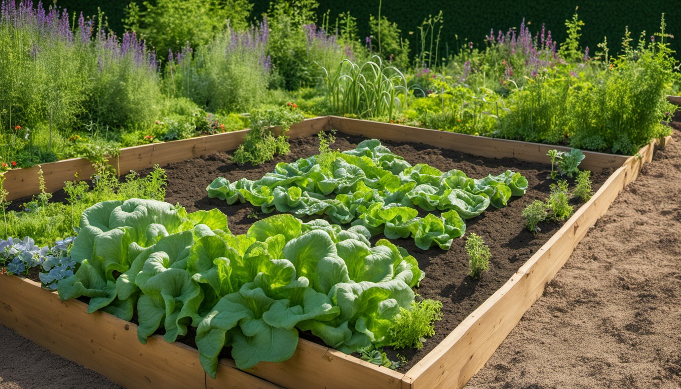 Generated illustration: a vegetable bed with leafy plants