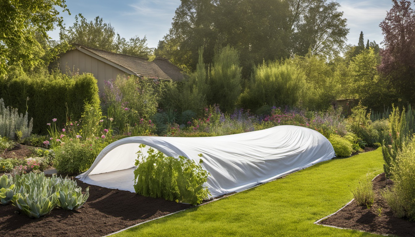 Generated illustration: white row cover supported by low hoops over a garden bed