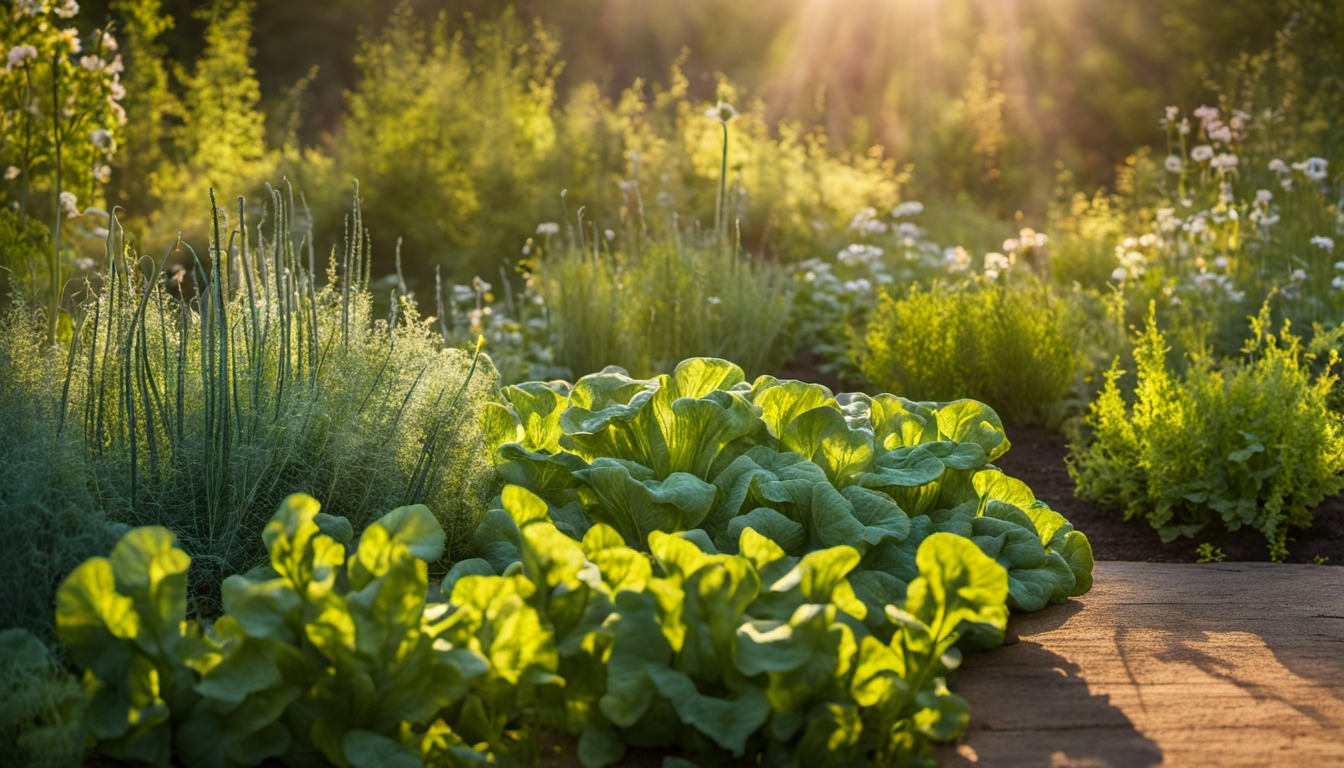 Generated illustration: garden greens in soft sunlight