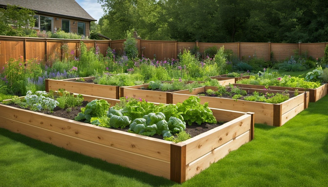 Generated illustration: raised vegetable beds in a green backyard garden