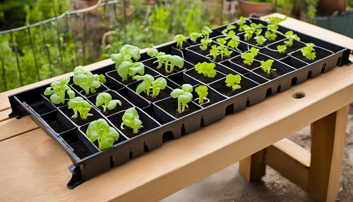 Generated illustration: vegetable seedlings in a propagation tray on a garden bench