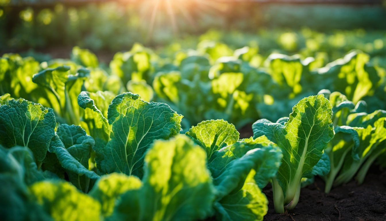 Generated illustration: healthy green vegetable leaves in morning light