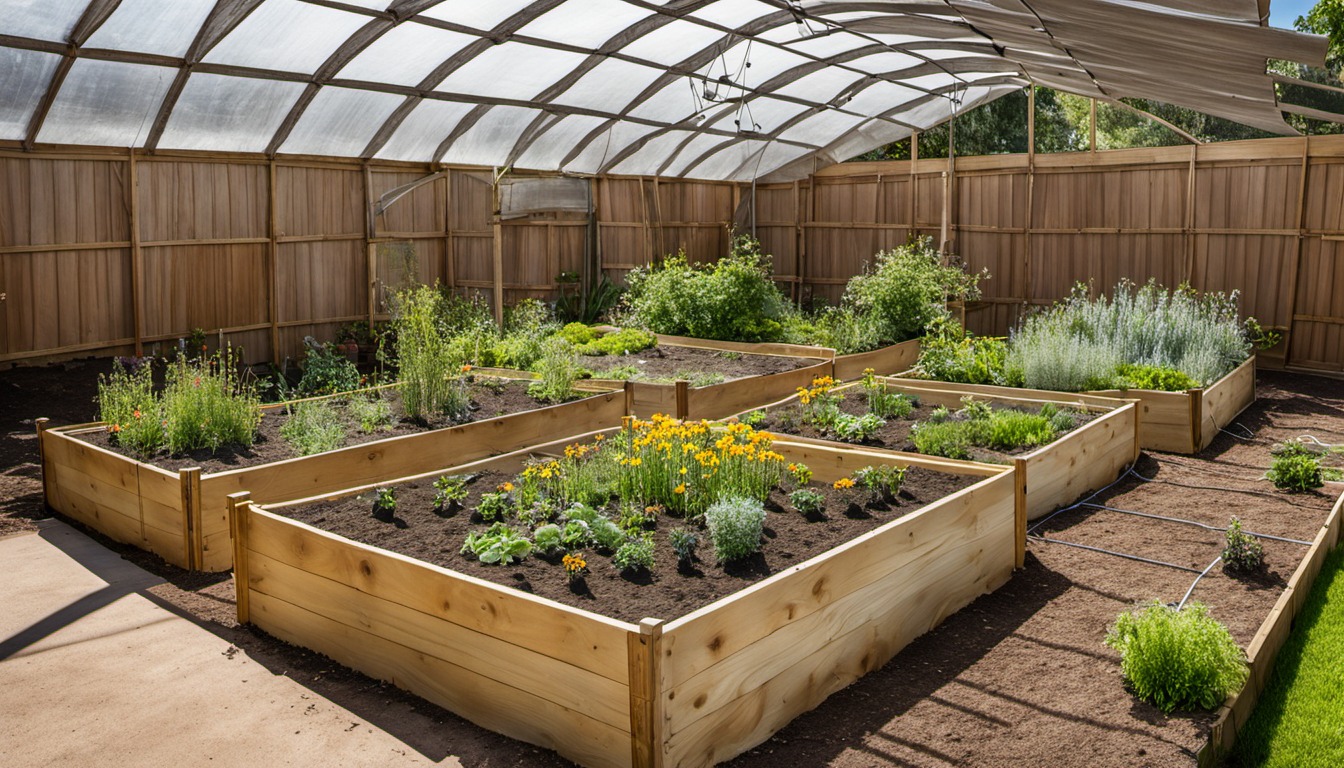 Generated illustration: raised garden beds under a covered structure