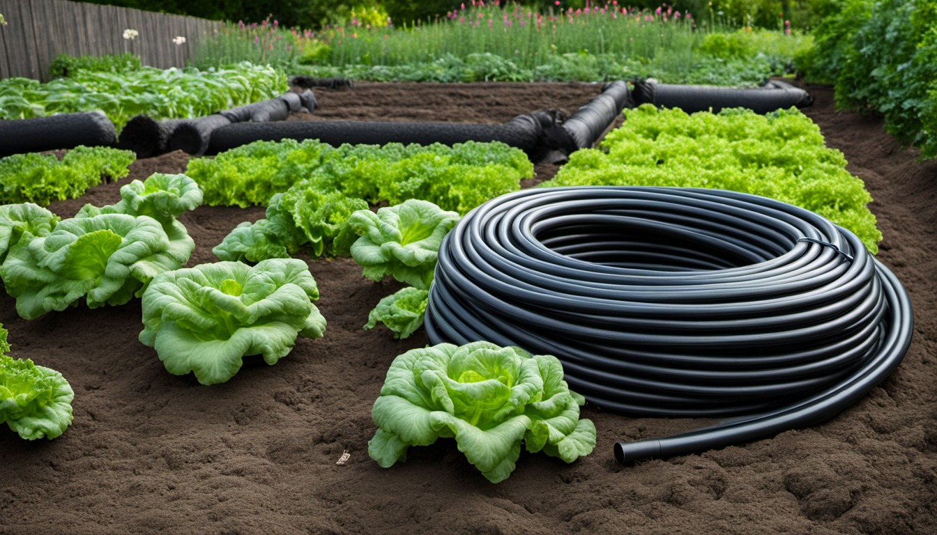 Generated illustration: a coiled hose beside leafy vegetables