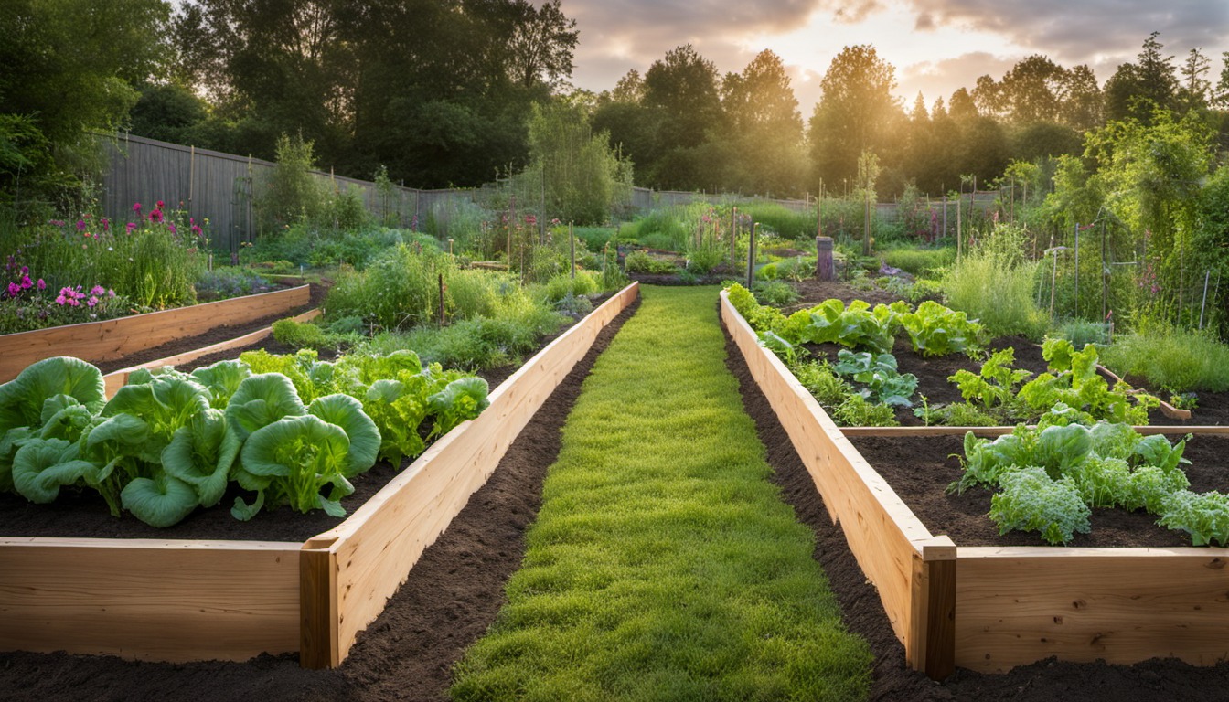 Generated illustration: vegetable beds in a garden