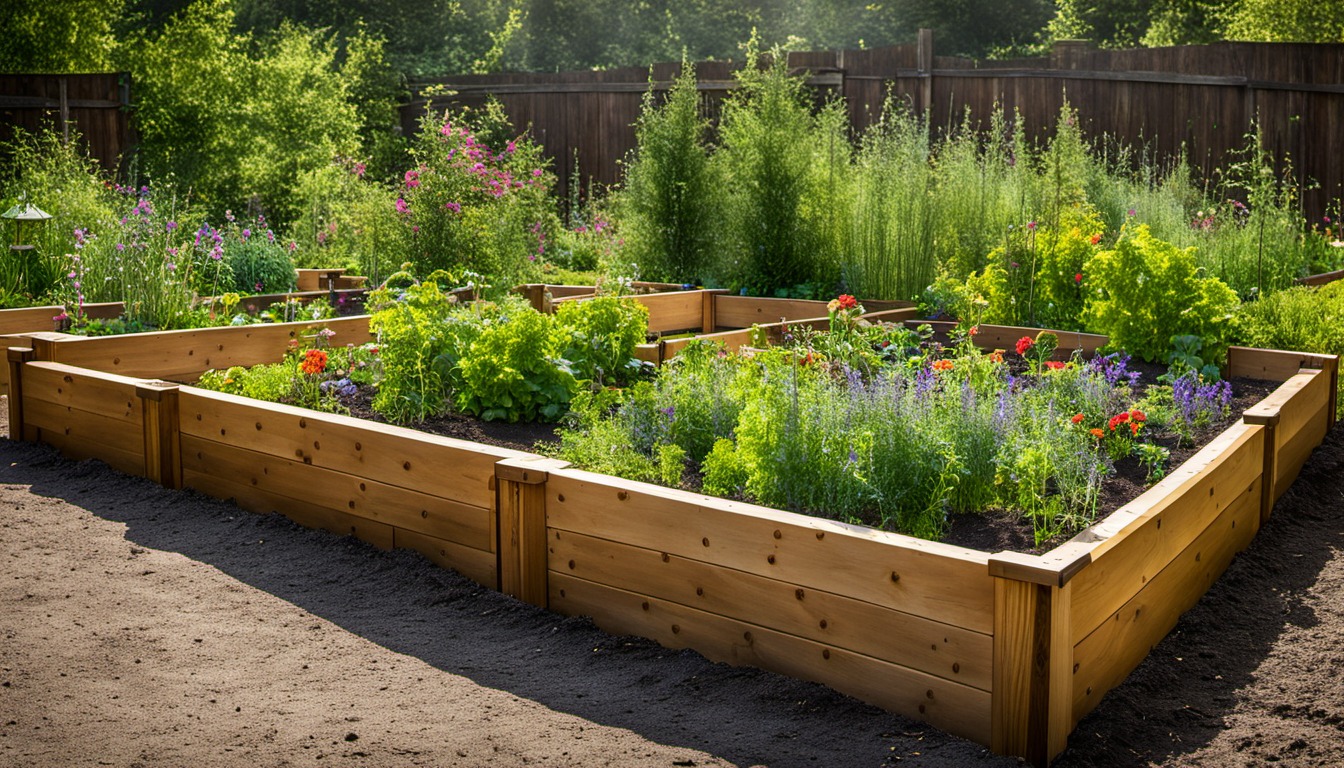 Generated illustration: raised vegetable beds in a garden