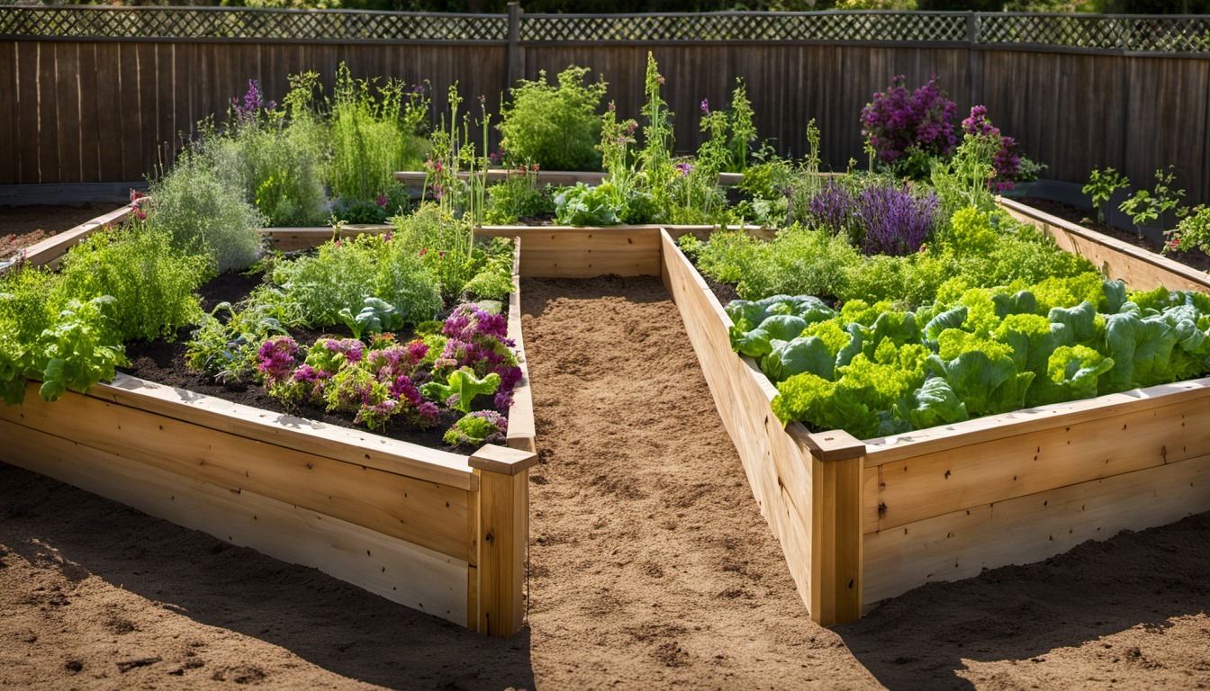Generated illustration: vegetable plants in a raised bed with paths