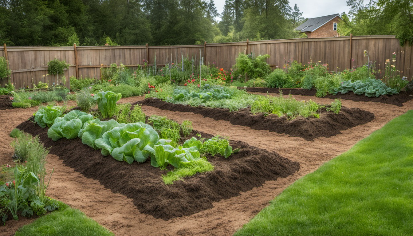 Generated illustration: leafy vegetable beds in a garden