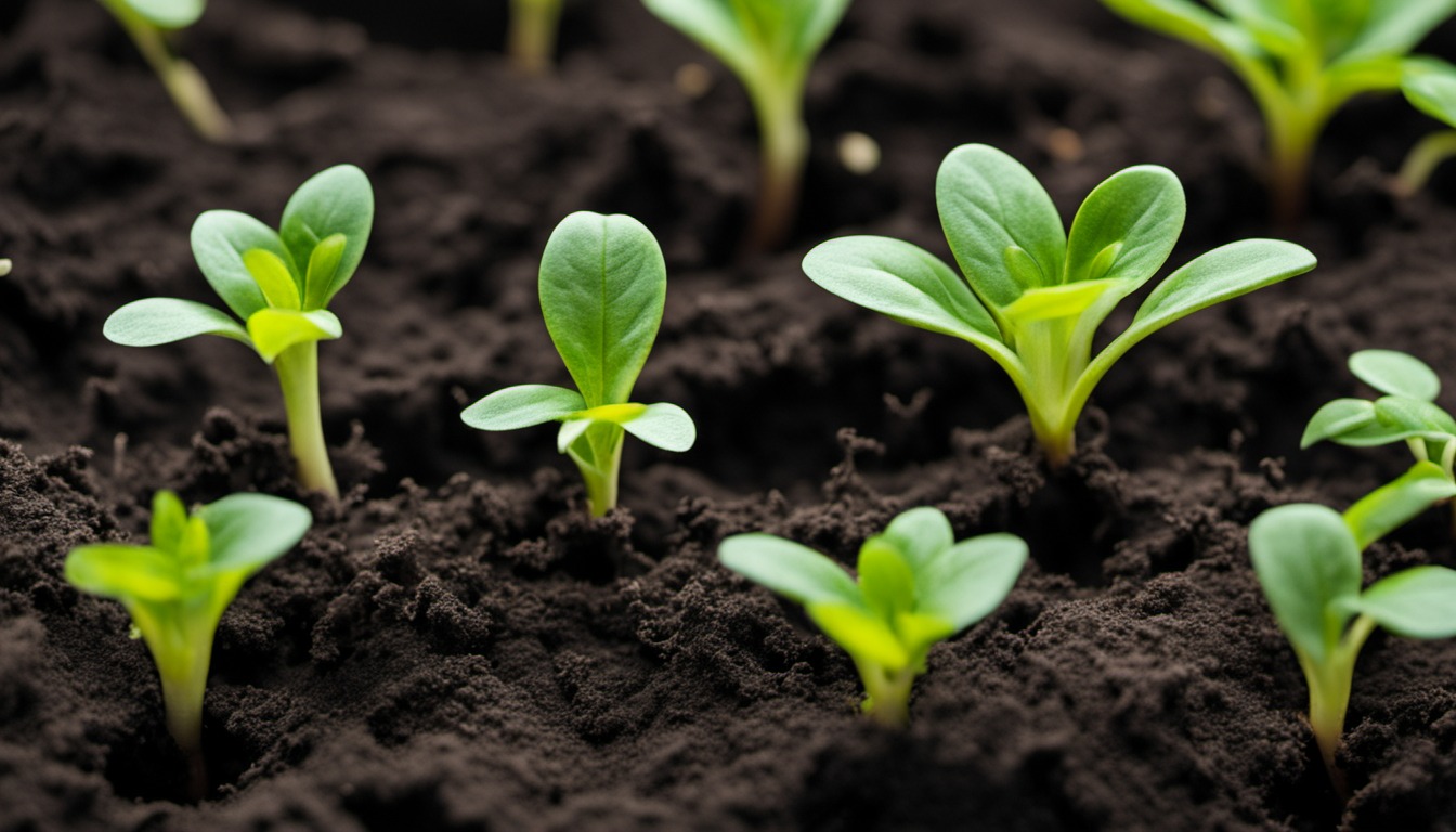 Generated illustration: young leafy seedlings in dark soil
