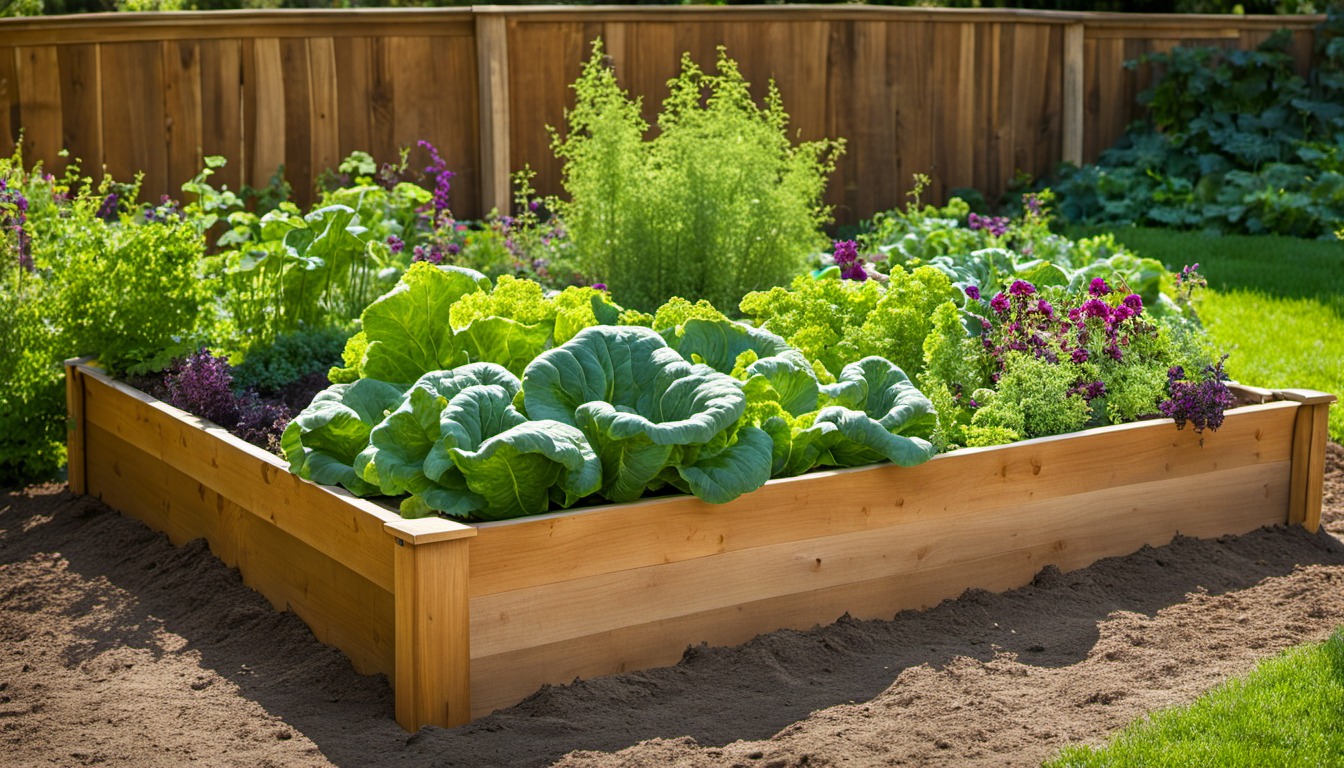 Generated illustration: mature leafy greens in a raised garden bed