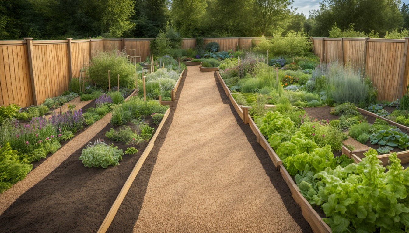 Generated illustration: a path between vegetable beds