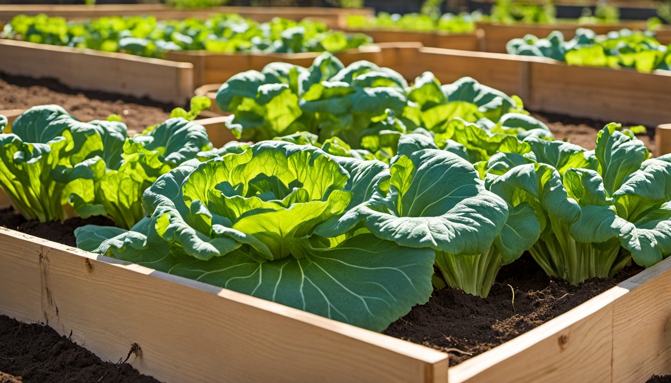 Generated illustration: leafy greens in a raised garden bed