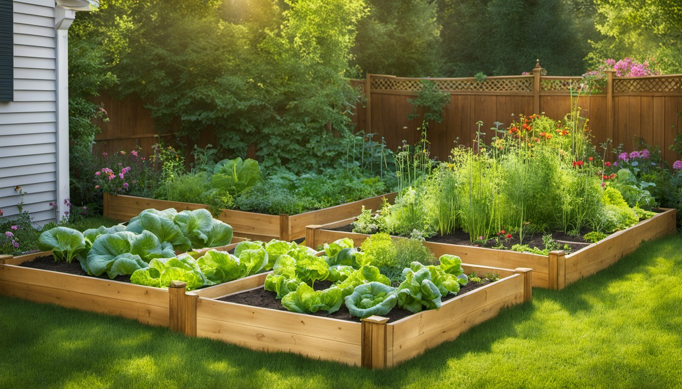 Generated illustration: sunny backyard vegetable beds with leafy crops