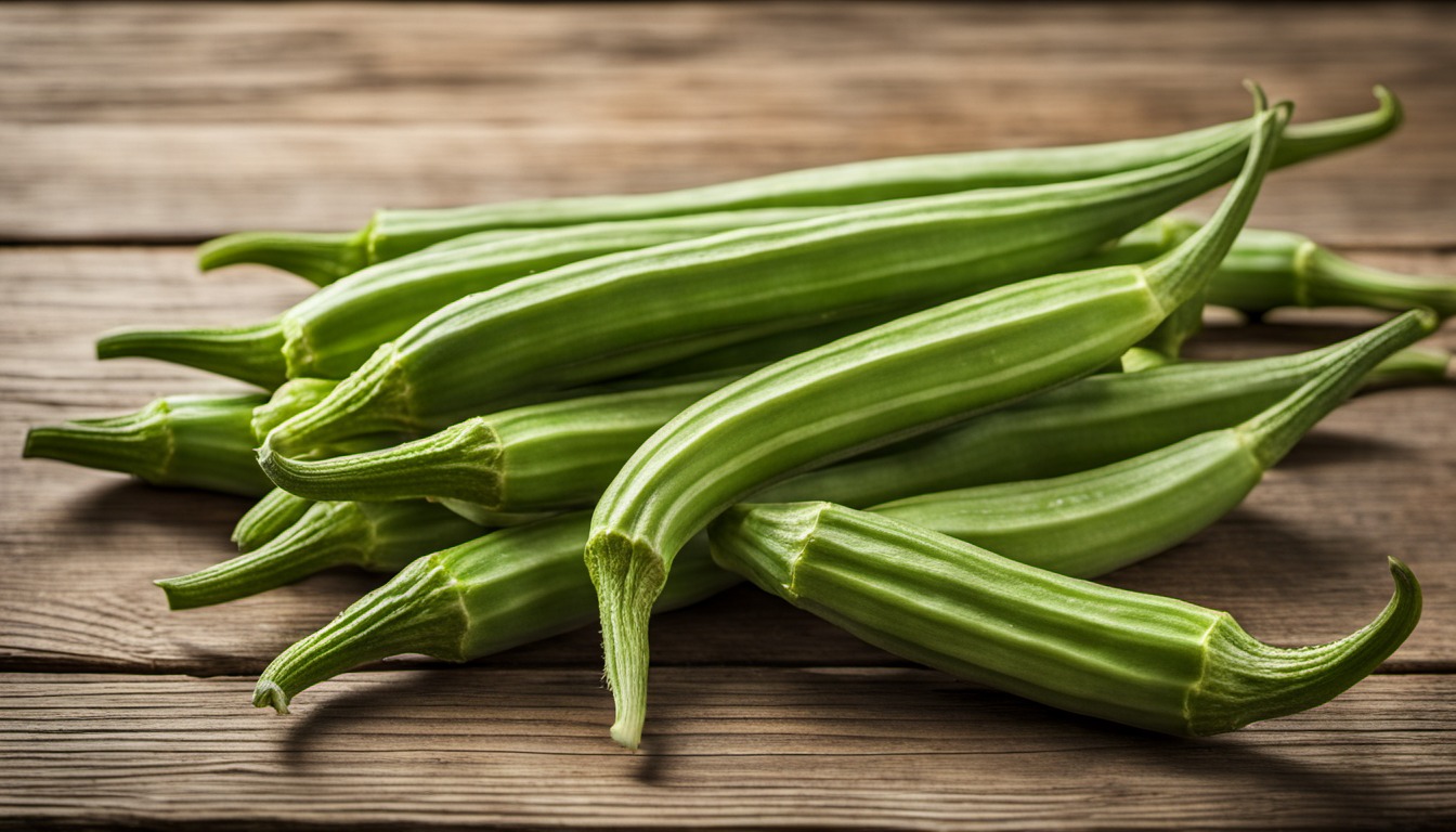 Generated illustration: fresh green okra pods on a wooden table