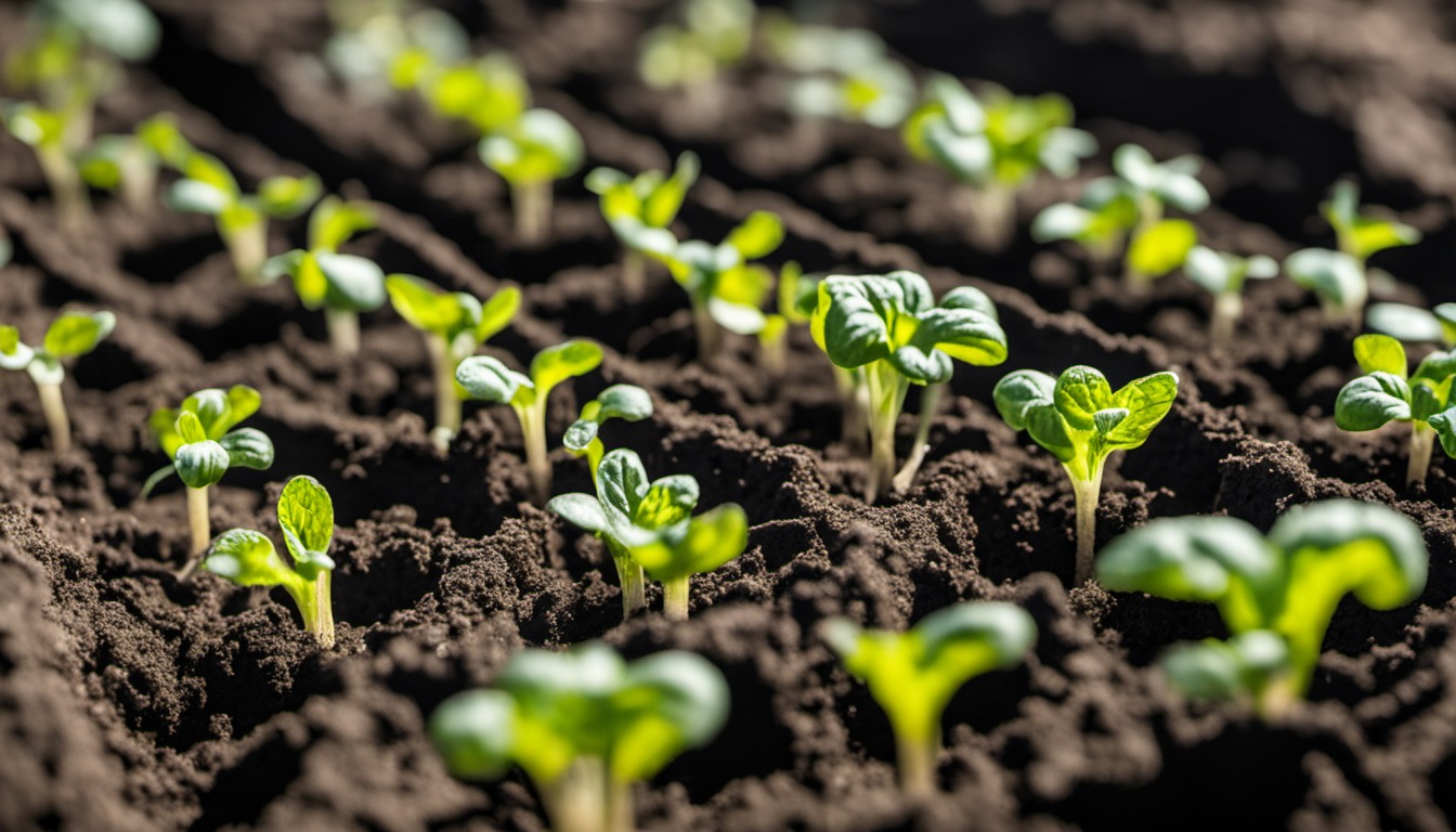 Generated illustration: young vegetable seedlings in garden soil