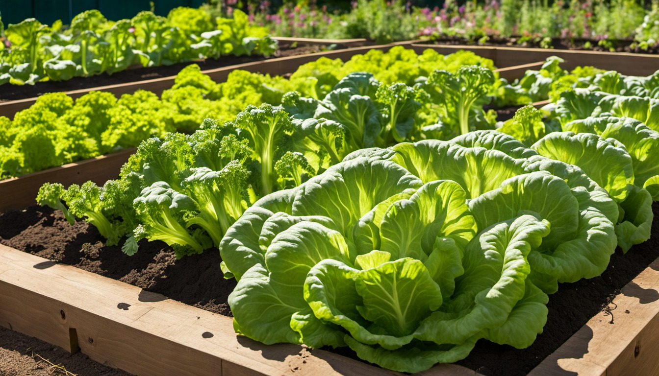 Generated illustration: leafy vegetables growing in a sunny raised bed