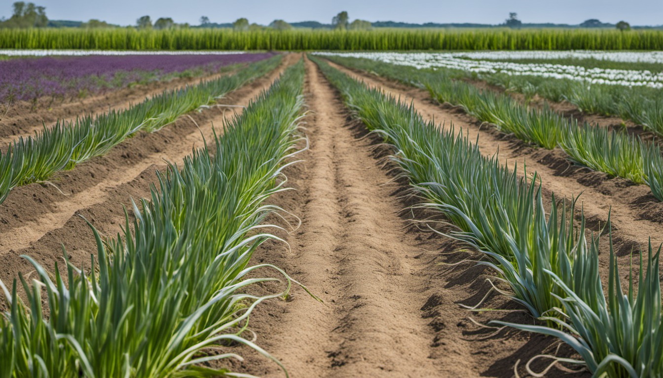 Generated illustration: onion plants growing in garden rows