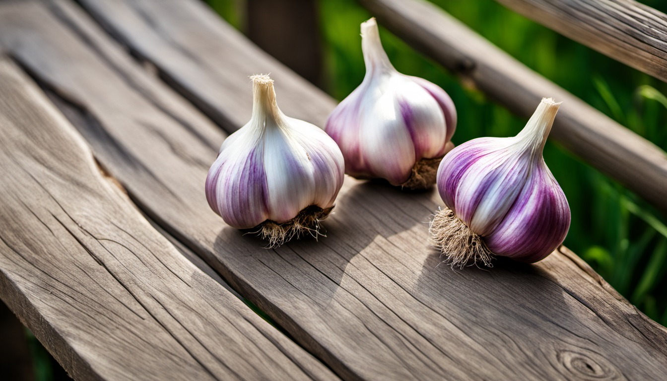 Generated illustration: garlic bulbs on a wooden garden bench