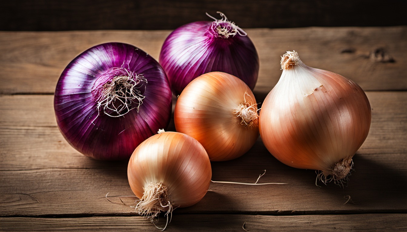 Generated illustration: freshly harvested onions on a wooden table