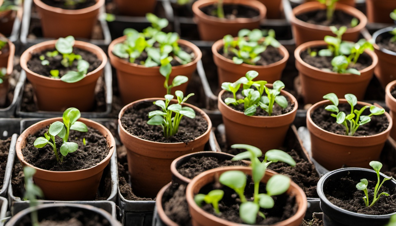 Generated illustration: small green seedlings growing in pots