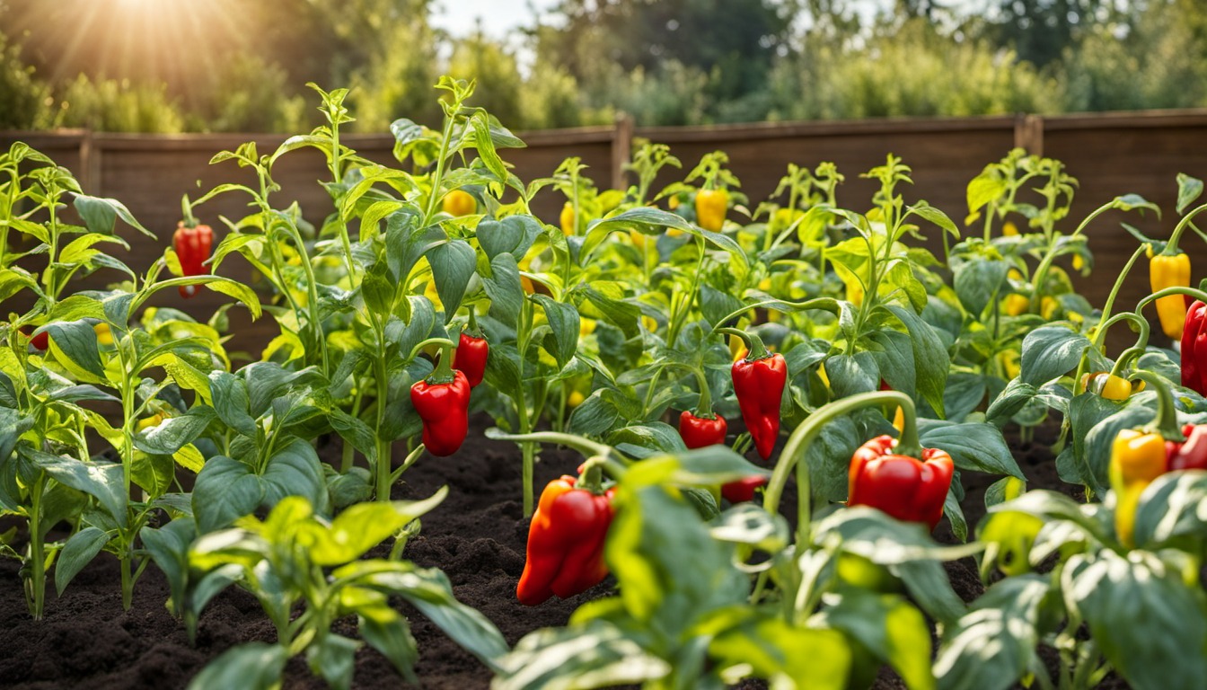 Generated illustration: pepper plants in a sunny garden bed