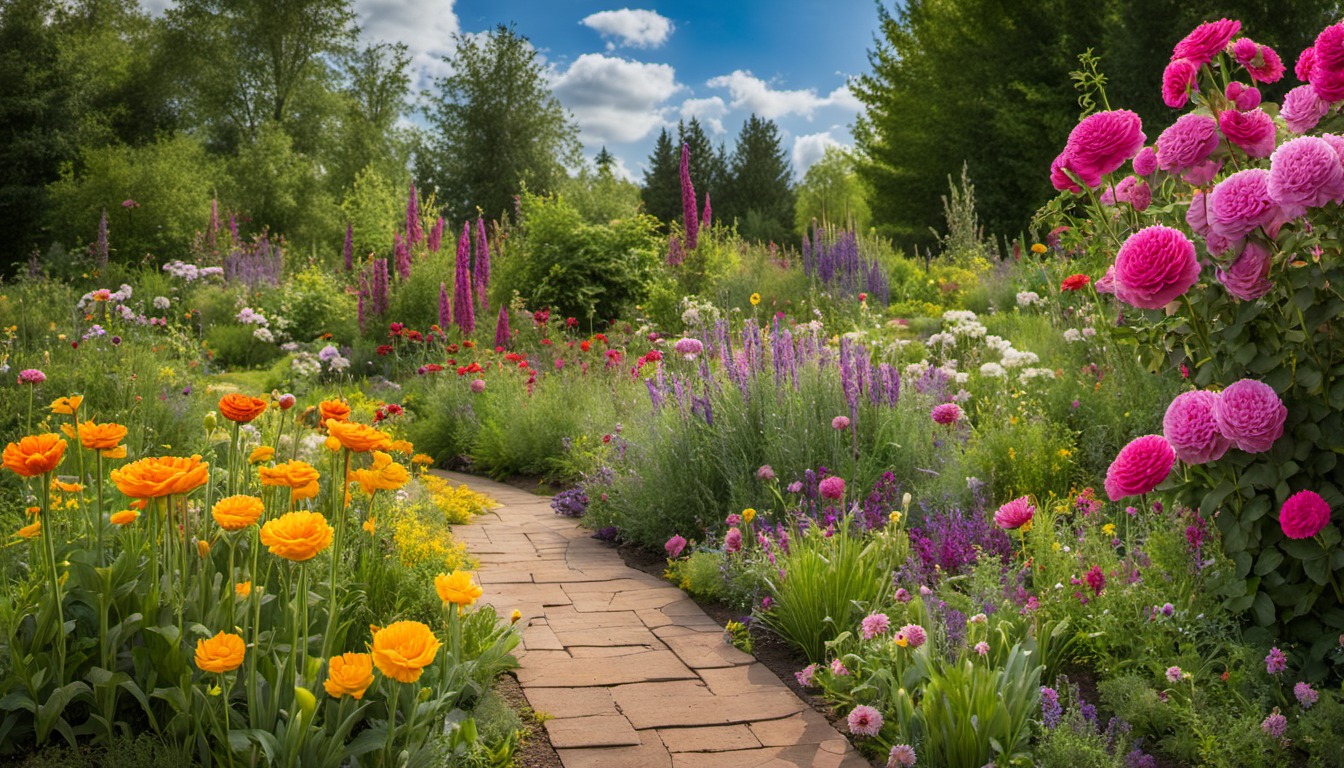 Generated illustration: a colorful flowering garden border